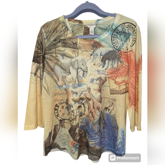 Chico's African ๐๐๐ฆ๐ฆ๐ฆ๐ฆ๐ฆpassport colorful 3/4 sleeve top size2 - Picture 6 of 10